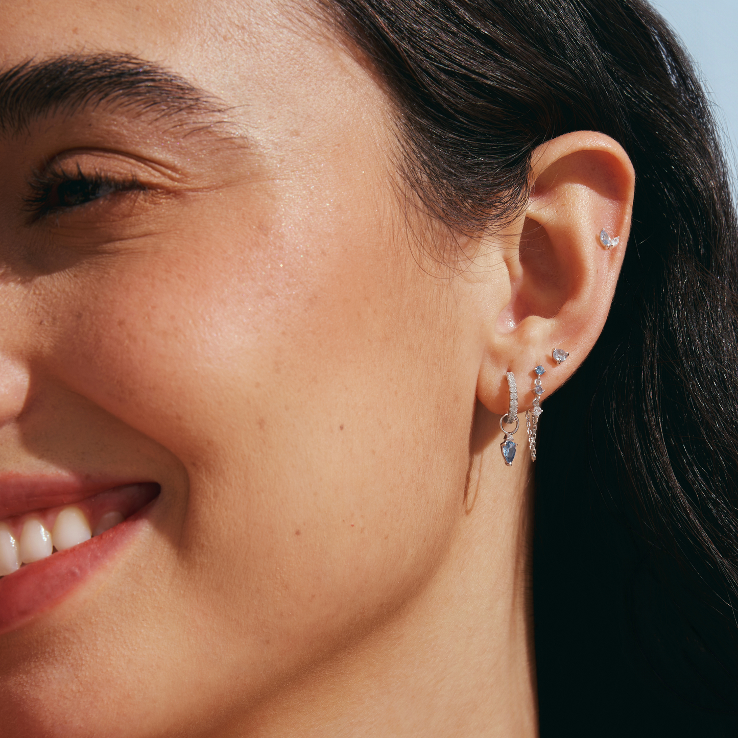 Earring Hoop Chain Triple Marquise Blues