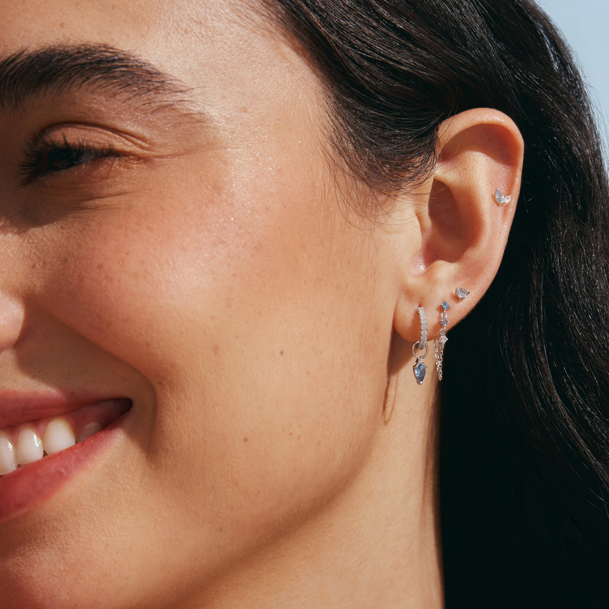 Earring Hoop Chain Triple Marquise Blues